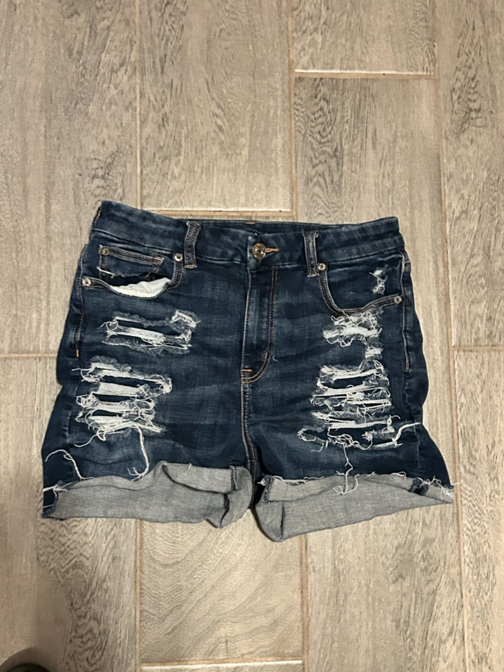 American Eagle Outfitters Dark Indigo Distressed Rolled-Hem Jean Shorts - size 8